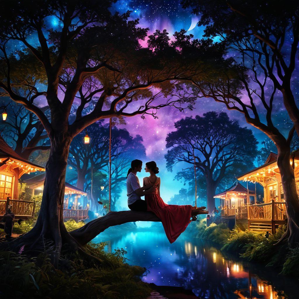 A whimsical scene combining elements of fantasy and reality: enchanted forests blended with urban nightlife, showcasing couples of diverse backgrounds engaging in adult dating and swinging activities. Include mystical creatures peeking through the trees, vibrant magical energy in the air, and a backdrop of starlit skies with city lights. Captivate the essence of adventure and connection, embodying thrill and romance. surrealistic art style. vibrant colors. atmospheric backgrounds.