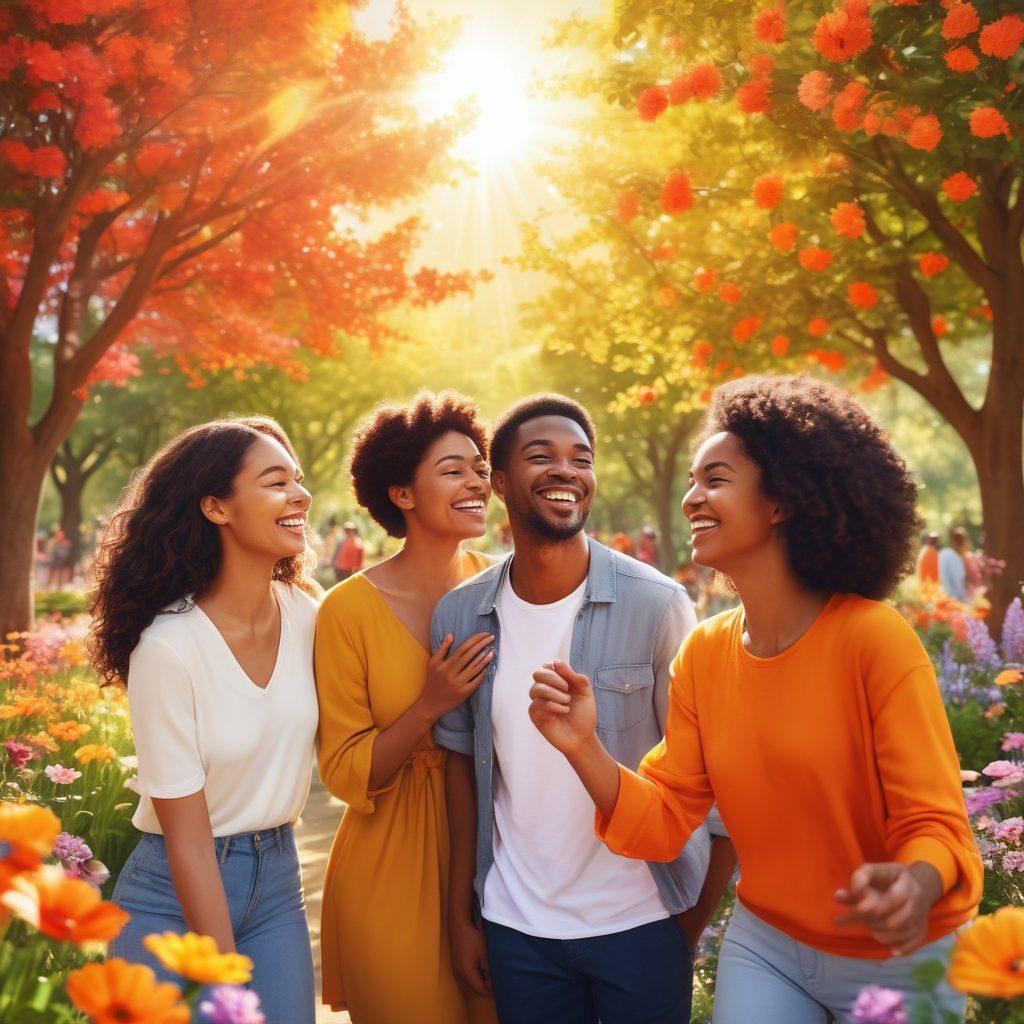 A vibrant illustration of diverse individuals joyfully connecting in a colorful park setting, symbolizing open relationships. Include elements like laughter, shared experiences, and open gestures to convey warmth and acceptance. The background features blooming flowers and a bright sun, enhancing the cheerful atmosphere. Super-realistic. Vibrant colors. Soft focus.