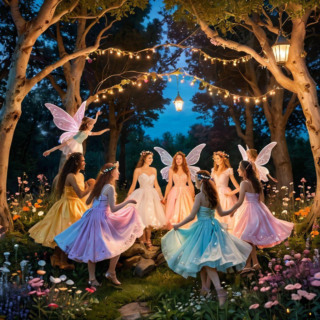 A whimsical scene featuring a vibrant, enchanted forest teeming with colorful flowers, playful fairies, and soft glowing lights, symbolizing joy and adventure. In the foreground, a diverse group of friends sharing laughter and embracing their unique styles, adorned in fantasy-themed outfits, celebrating life together in a cozy clearing. The sky above is a mix of pastel colors at sunset, adding a magical feel to the atmosphere. super-realistic. vibrant colors. 3D.
